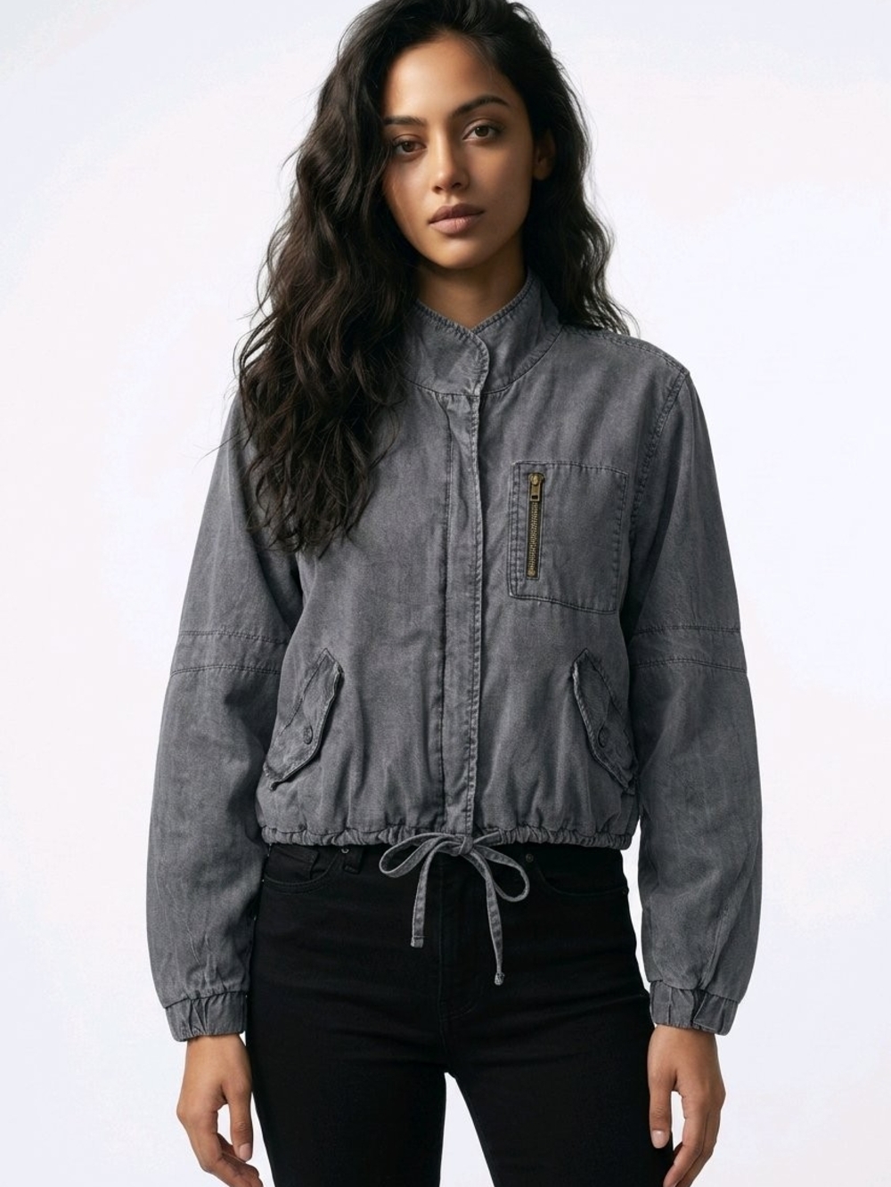 Young Fabulous & Broke Washed Gray Drawstring Bomber Jacket